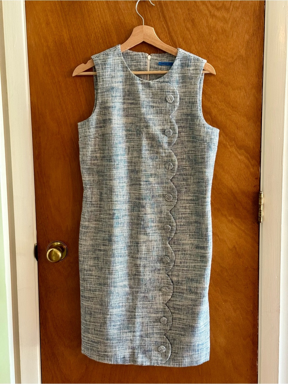 J. McLaughlin Sleeveless Scallop-Button Sheath Dress - Blue and Blue Tweed